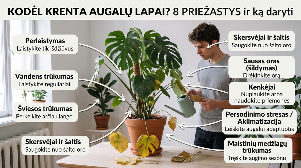 Kodėl krenta kambarinio augalo lapai: 8 priežastys ir ką daryti